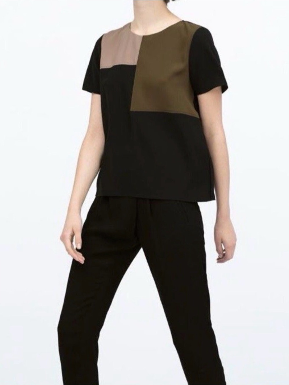 Zara Colorblock Short Sleeve Top in Black, Olive & Taupe